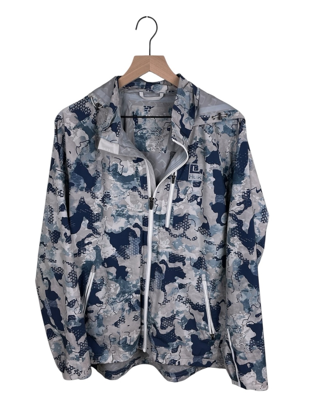 HUK Pursuit Jacket Size Large Windproof Hooded Full Zip Bluefin Gray Camo